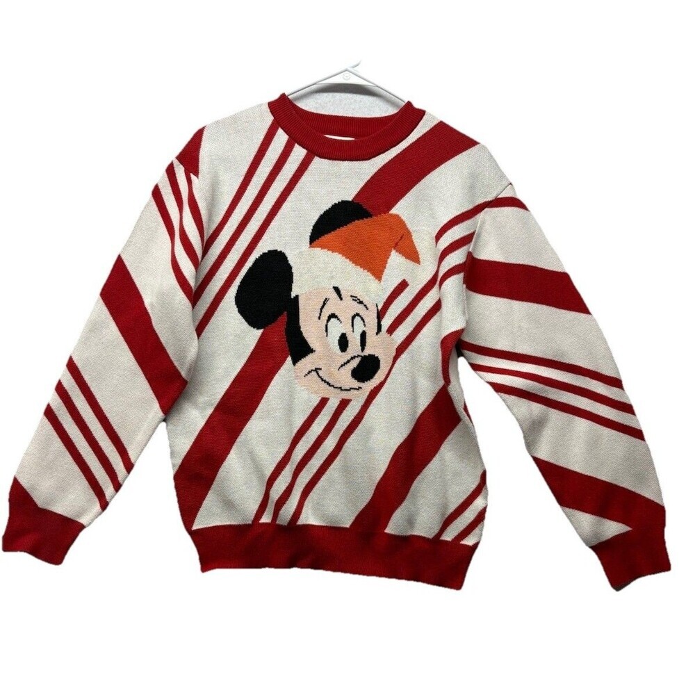 Disney Santa Mickey Mouse Holiday Sweater 2023 Christmas Candy Cane Stripes Sz S - Picture 1 of 3